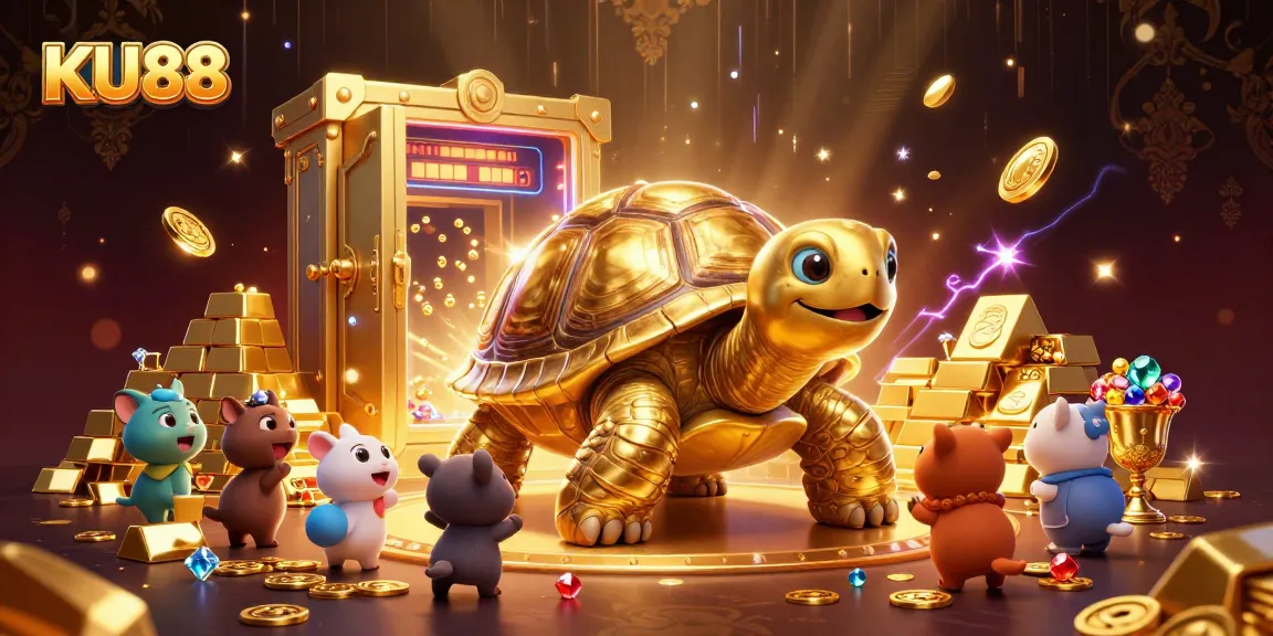 Experience thrilling gameplay at KU88 with a dynamic casino scene featuring a colossal tortoise pinball machine.