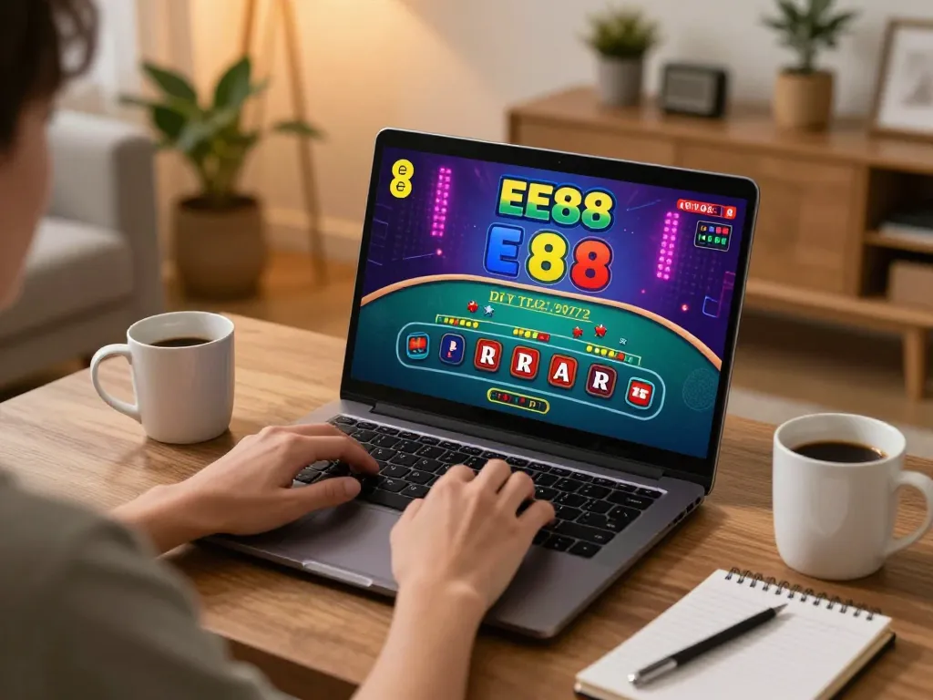 Player enjoying Ee88 online casino games on a laptop, engaging in blackjack from a cozy home setup.