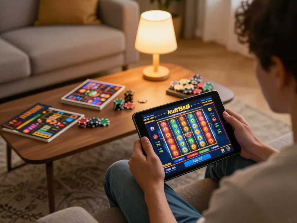 Engaged player enjoying ku88 casino online slots, showcasing vibrant gameplay and cozy setup.