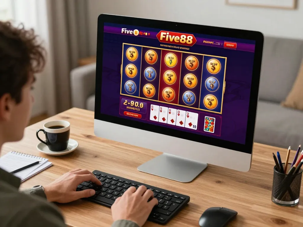 Engaged player exploring Five88's vibrant online casino slots interface from a cozy workspace.