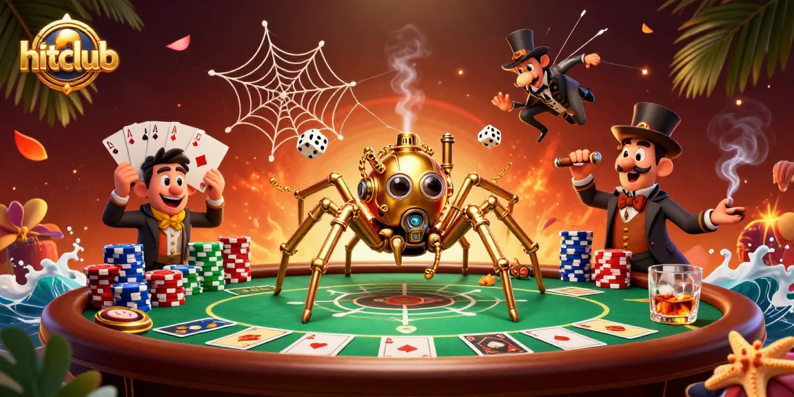 Engage in thrilling gameplay at hitclub with a dynamic casino scene featuring a golden spider and poker elements.