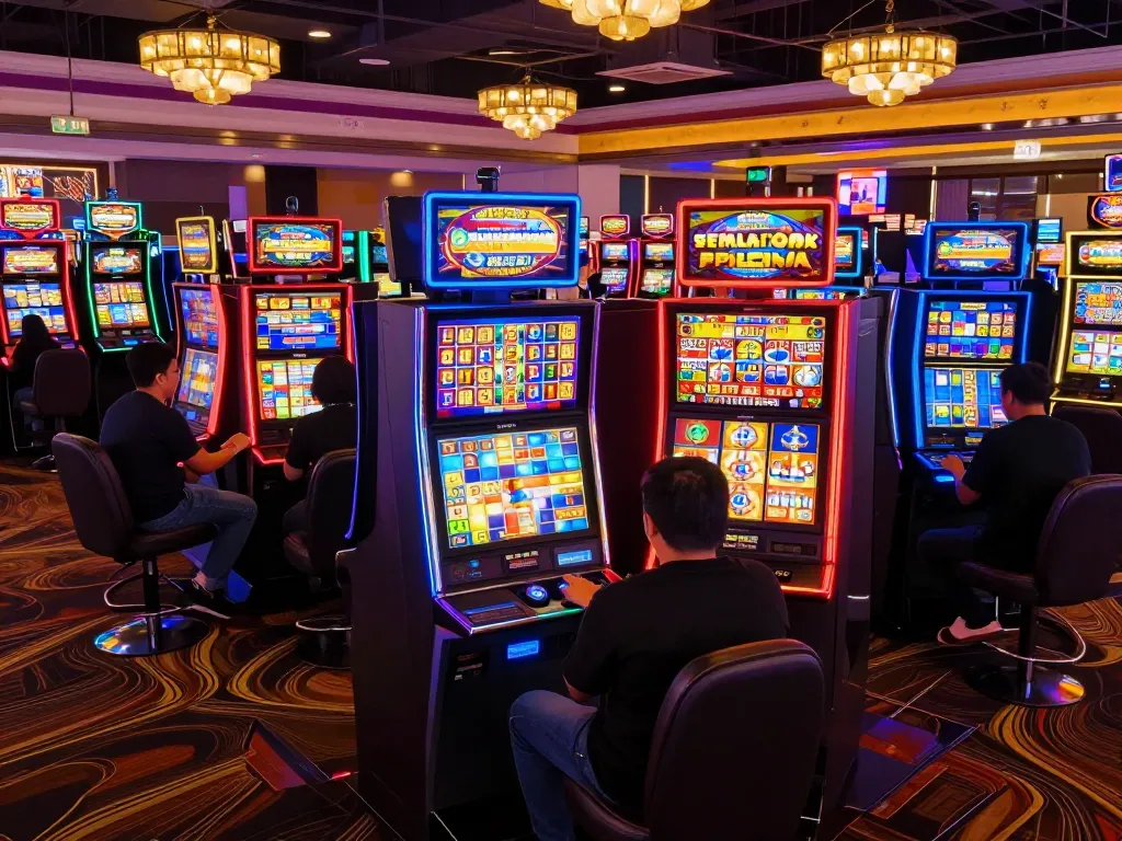 Pemain menikmati Slot Gacor dalam suasana kasino yang meriah, menekan tombol putar pada mesin slot yang berwarna-warni.