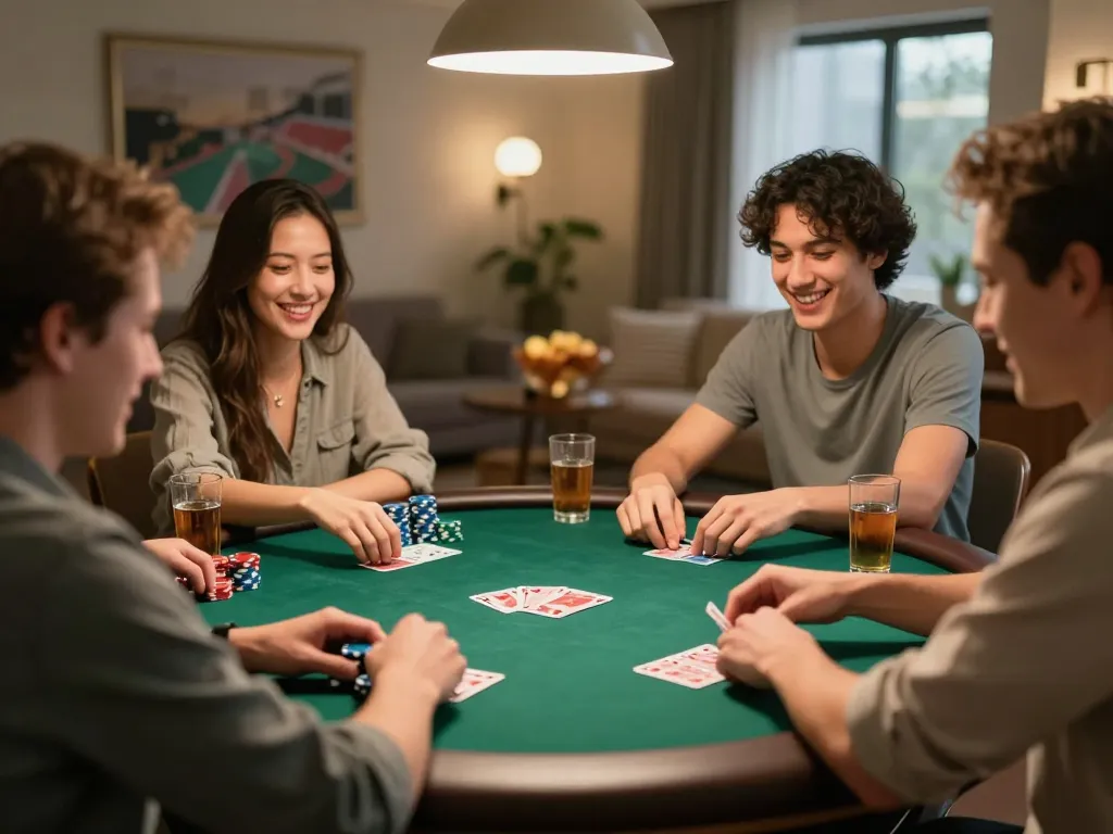 Tải App 98WIN in action during poker night with friends, showcasing strategic gameplay and social interaction.
