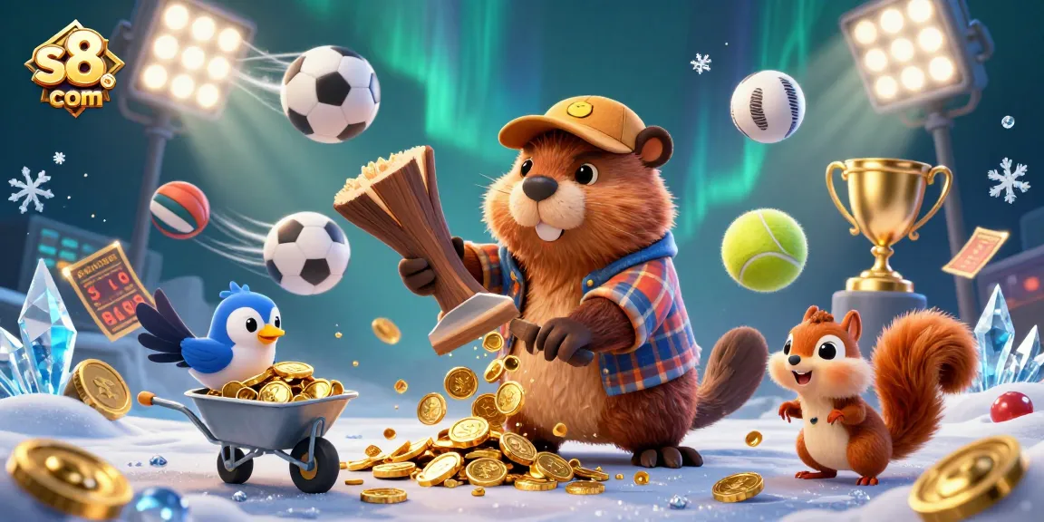 Experience thrilling wins with s8 com as beaver collects golden coins in this dynamic casino-themed illustration.