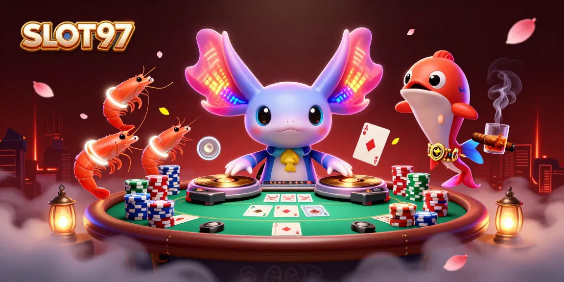 SLOT97 ignites excitement with a vibrant casino scene featuring neon characters and lively poker action.