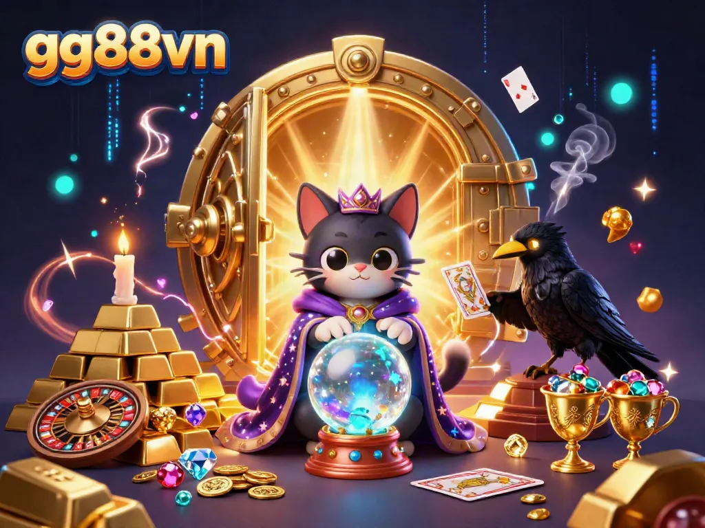 Experience thrilling gameplay at gg88vn with captivating 3D casino illustration showcasing fortune teller and tarot elements.