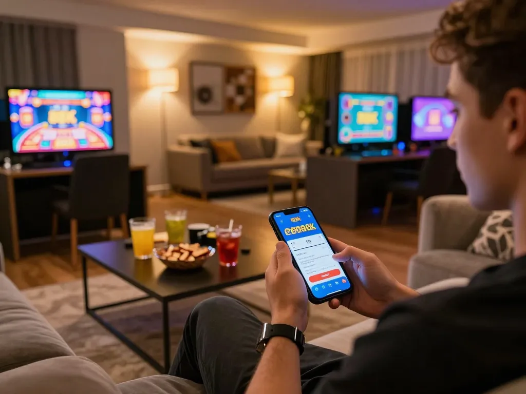 Player engaging with the open88k app on a smartphone, enjoying a relaxed home gaming experience.