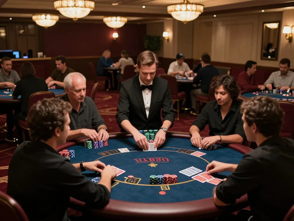 Players seated around poker tables in a vibrant casino scene as they engage in dynamic gameplay, addressing concerns surrounding tt88 lừa dảo authenticity.