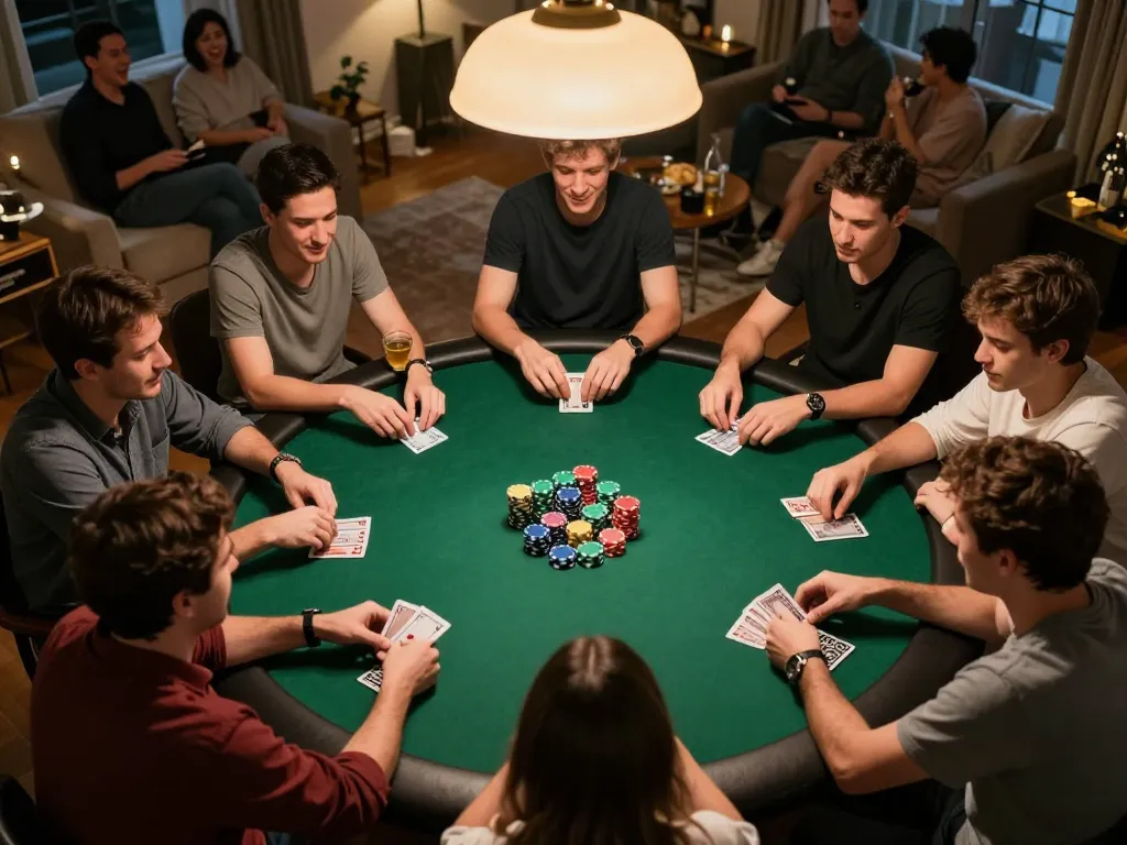 Players enjoy a spirited home poker night at 32win, showcasing engaging strategy and camaraderie.
