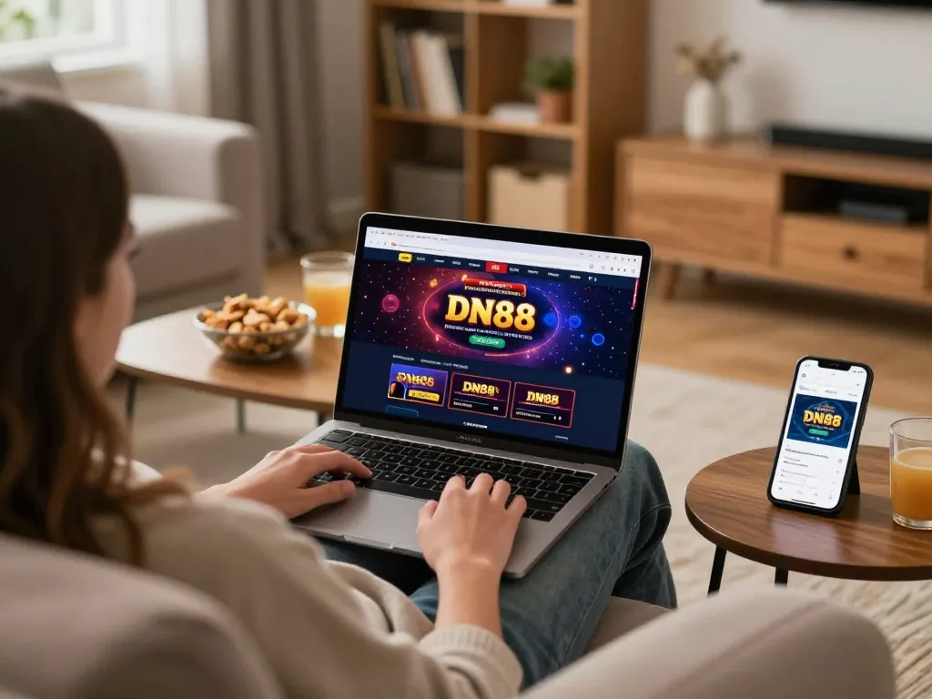 Engaging in online gaming at trang chủ dn88 with laptop and mobile app on cozy couch