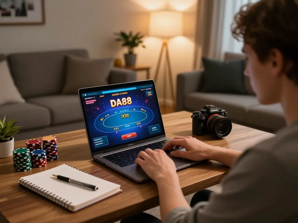 Engaging in a DA88 online poker game from a cozy living room, laptop and strategy notes visible