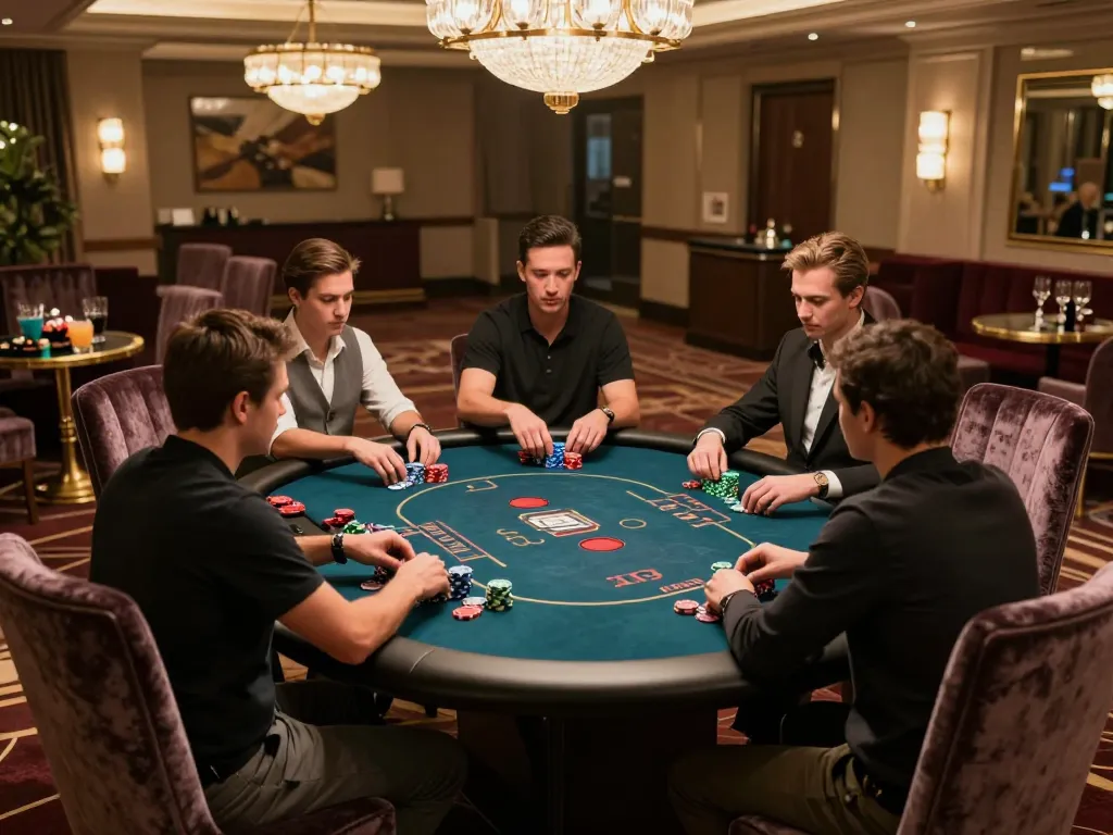 Players enjoying high-stakes poker at s666 casino, surrounded by luxury decor.
