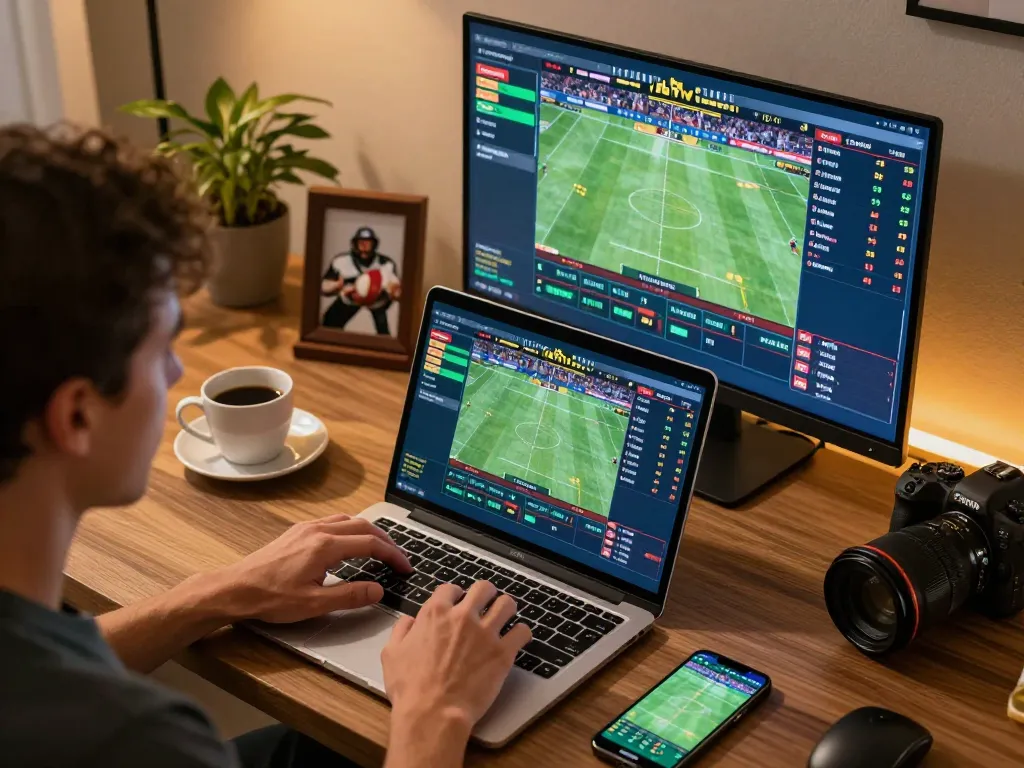 sin88 sports betting setup, focusing on multiple screens with live events and placing bets