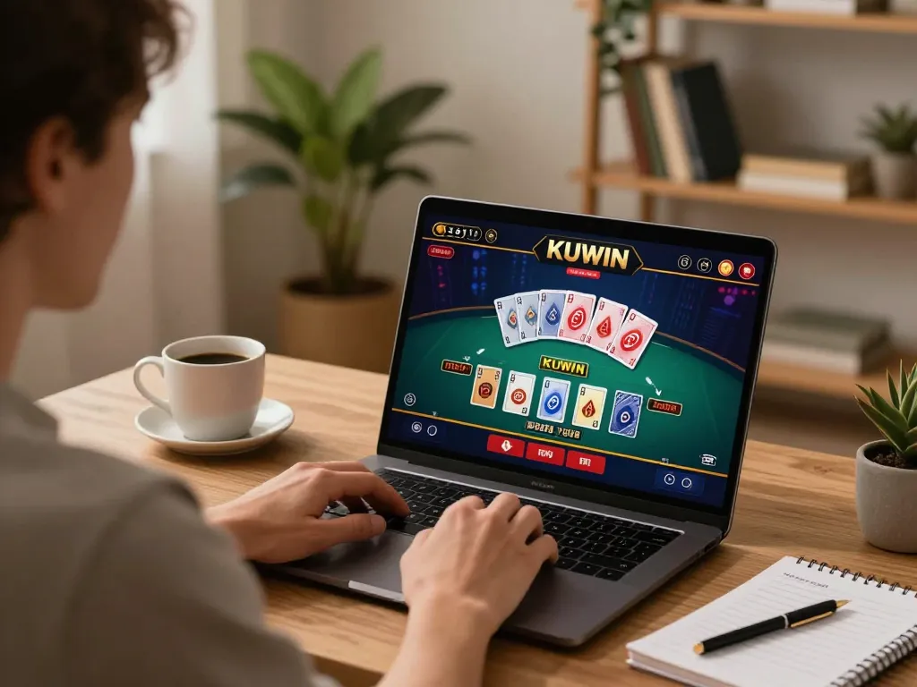 Kuwin player engaged in live dealer baccarat at home, promoting strategic online gambling.