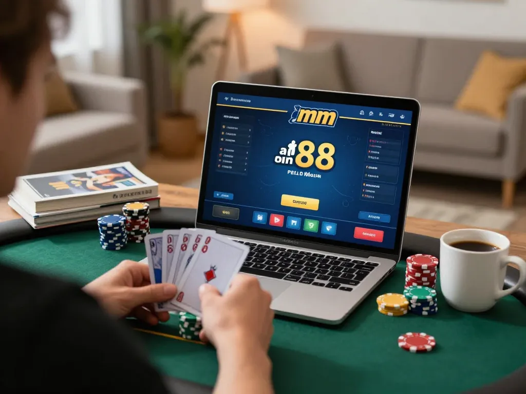 Engaging mm 88 online poker game with chips and cards in a home setting
