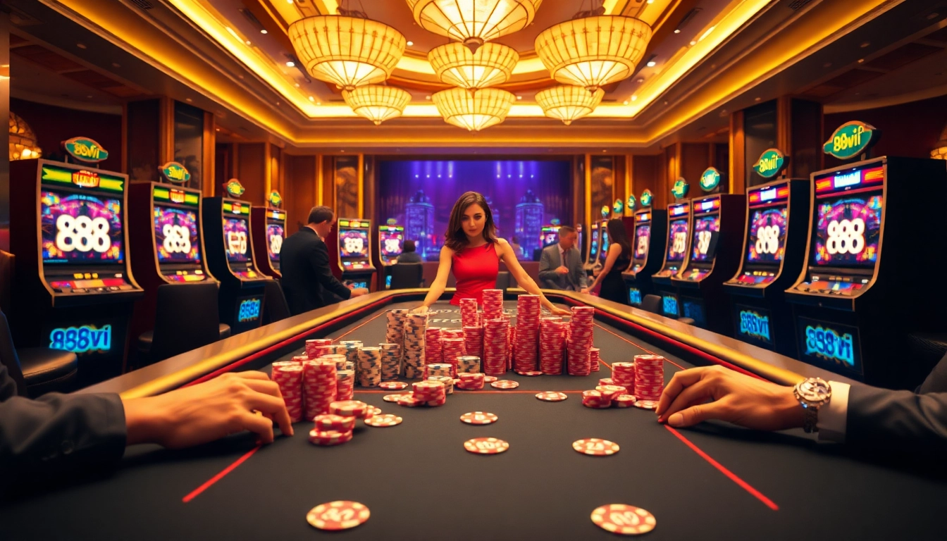 Experience the thrill of gambling at 888vi with vibrant casino action, showcasing poker tables and slot machines.