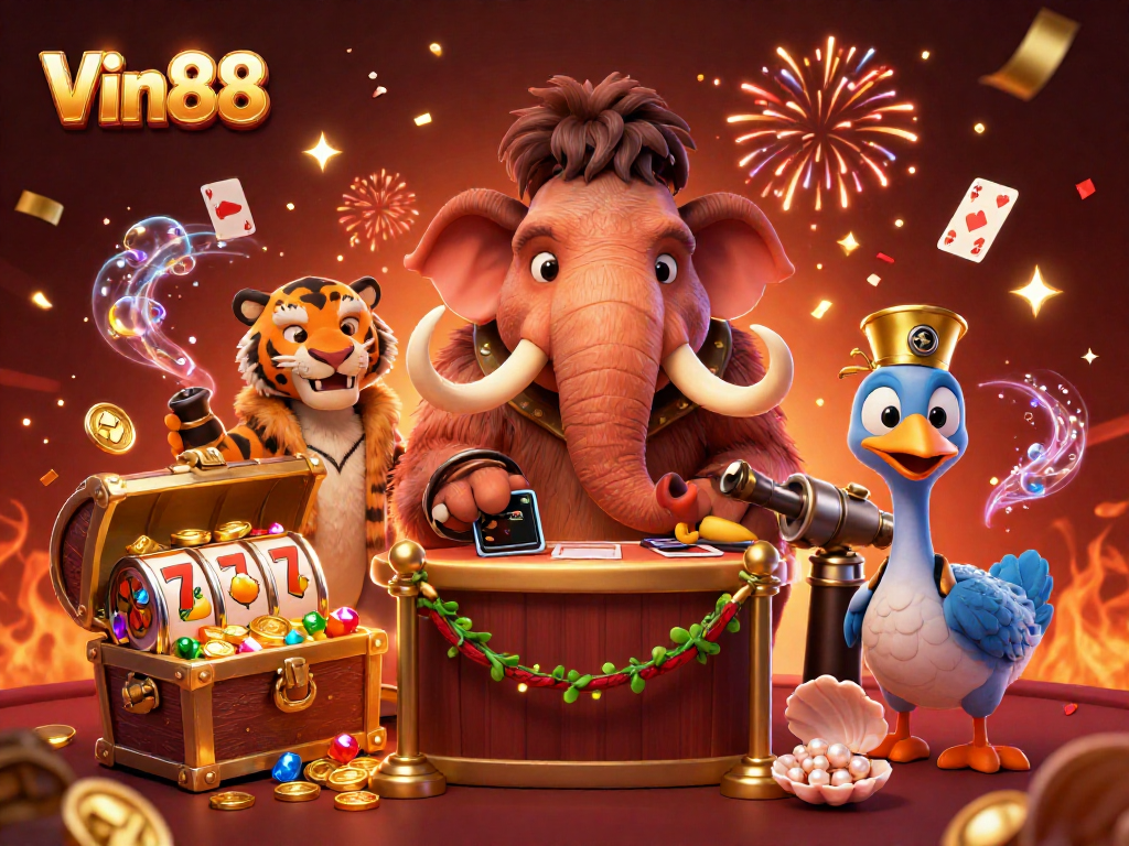 Register at Vin88 while a woolly mammoth checks IDs at a vibrant casino entrance.