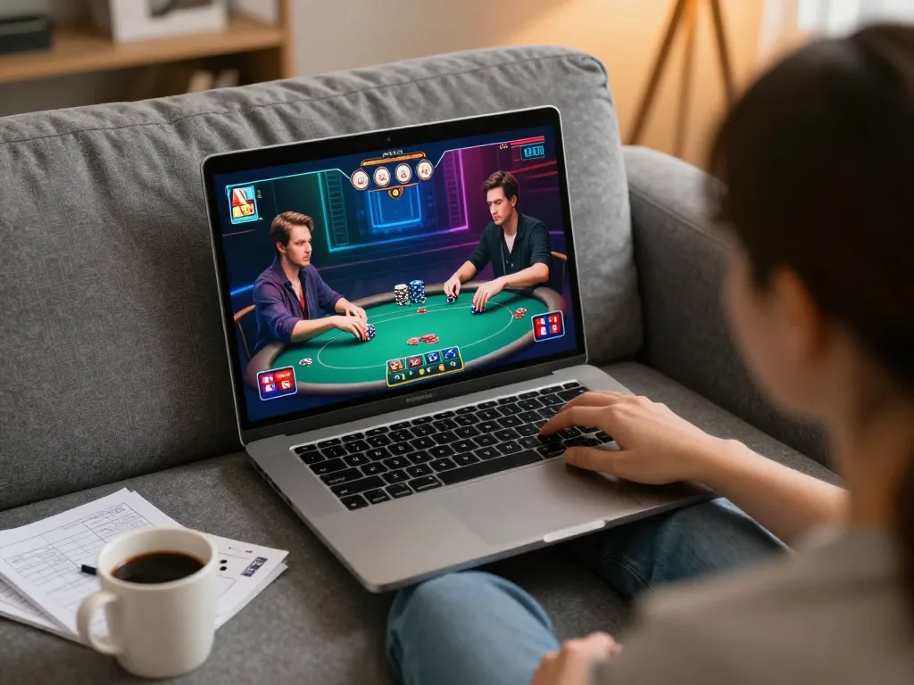 Players enjoying online poker at nhà cái tt88 in a cozy home atmosphere, engaging with dynamic gameplay.
