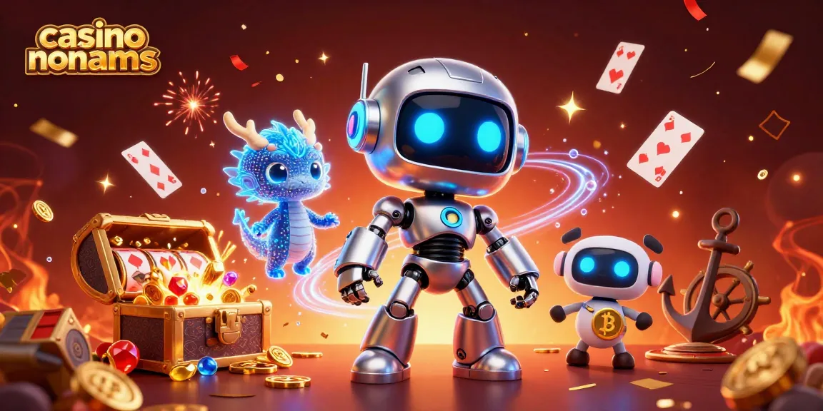 Engage with the vibrant casino non aams scene featuring a cyberpunk robot, AI dragon, and bitcoin drone amidst thrilling game elements.