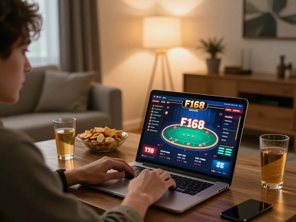 Engaging with F168 online casino on a laptop in a cozy home setting, showcasing poker gameplay.