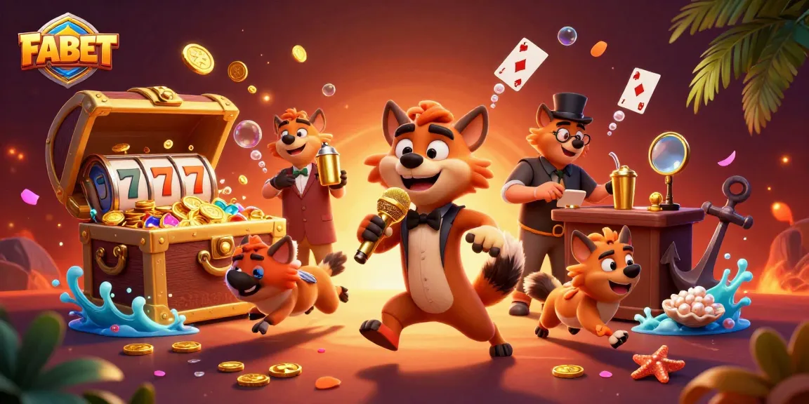 FABET hyenas hosting a vibrant casino club with comedians, drinks, and slot reels in a colorful scene.