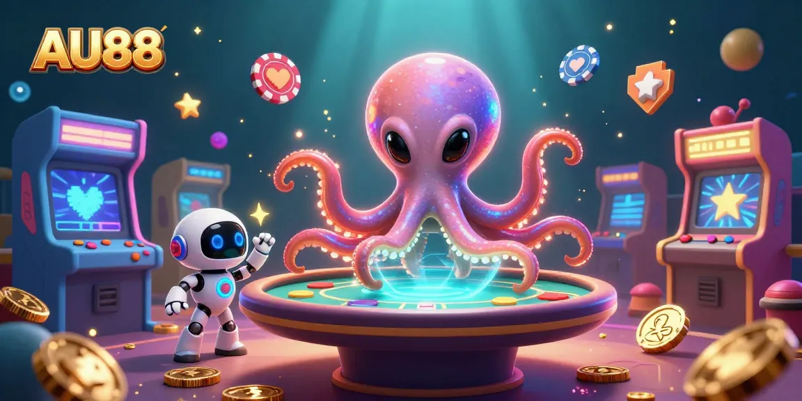 Experience the excitement of AU88 with an alien octopus at a holographic poker table surrounded by vibrant games.
