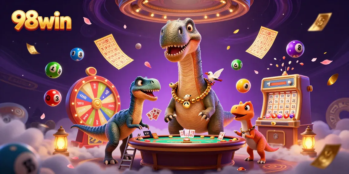 Experience the thrill of 98win with a whimsical casino scene featuring dynamic lottery elements and playful characters.