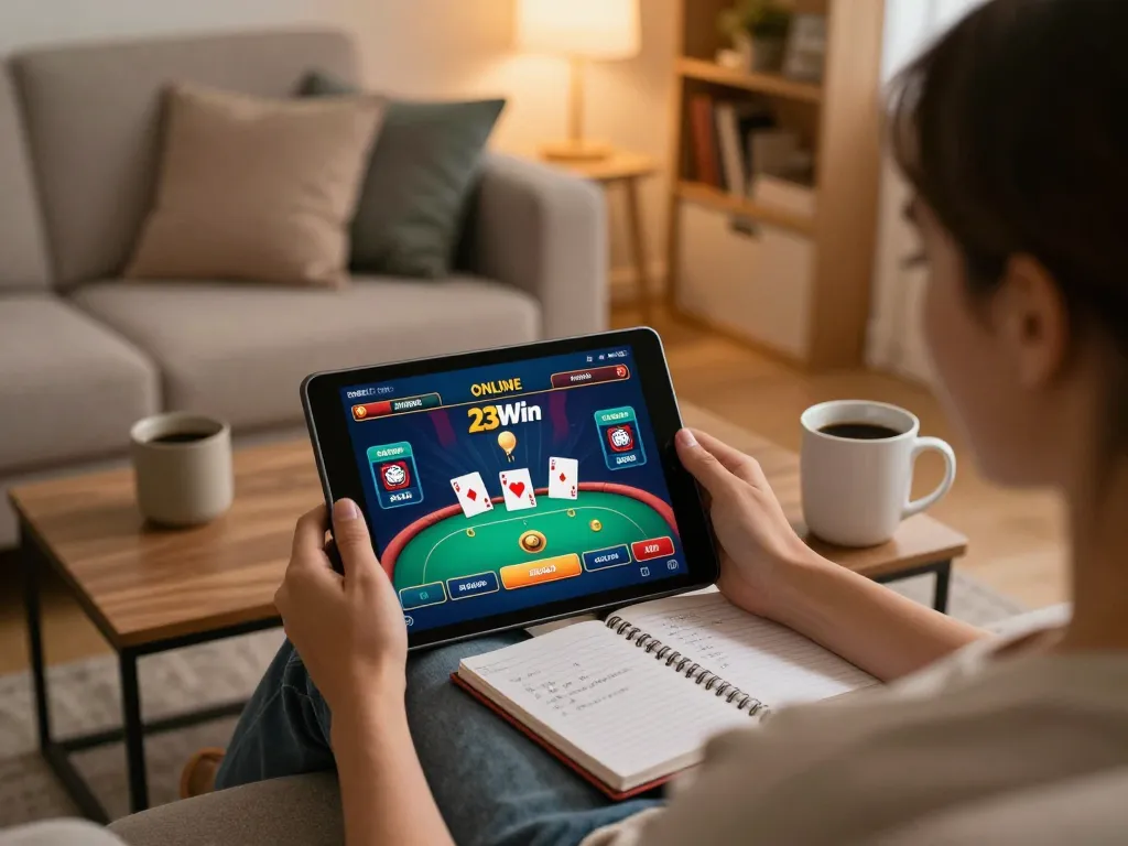 Engaging with a 23Win poker game interface on a tablet in a cozy home setup.