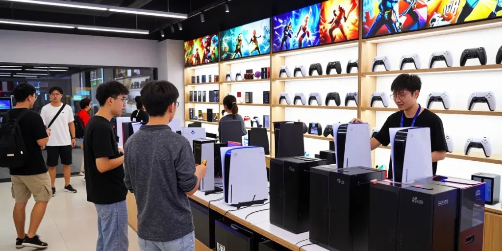 Customers exploring rokok88 gaming merchandise in a vibrant store.