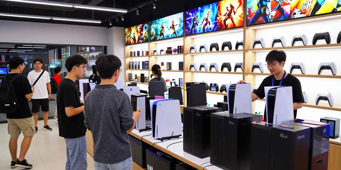 Customers exploring rokok88 gaming merchandise in a vibrant store.