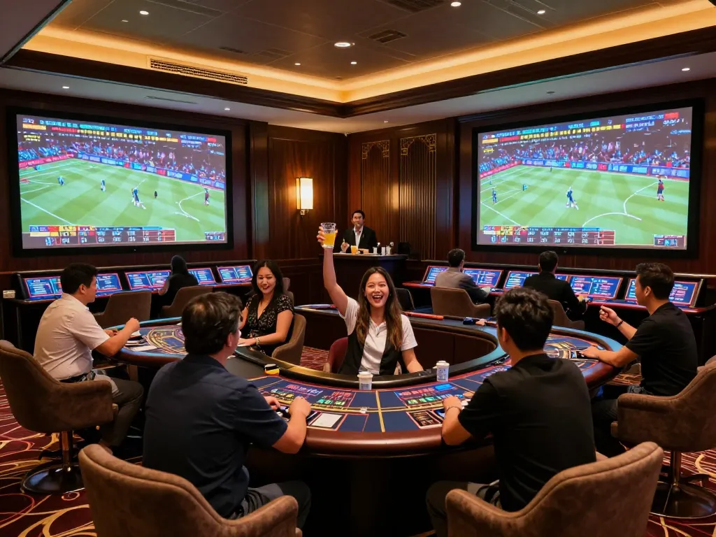 Betting on live sports at 11BET while enjoying drinks in a luxurious casino lounge.
