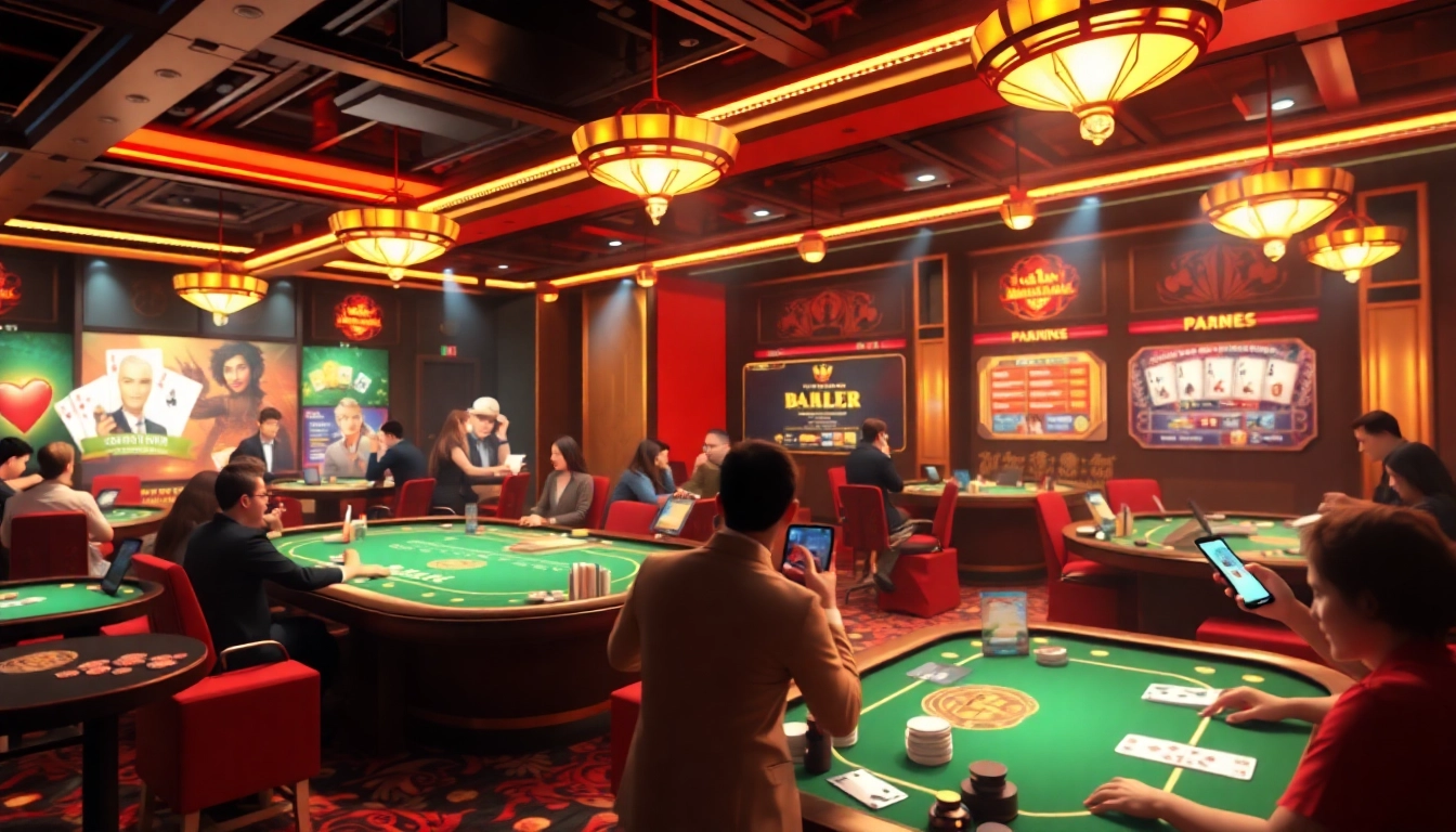 Dynamic scene of online game đổi thưởng card games in a vibrant digital casino setting.