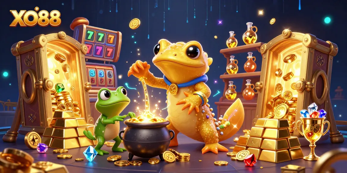 Win big at XO88 with a vibrant online casino scene packed with 3D characters, gold coins, and slot game elements.