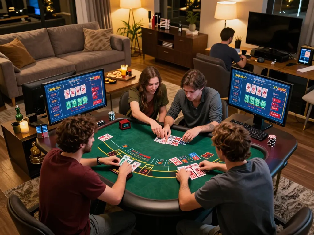 Playing blackjack at home on 11Win with friends, showcasing strategic betting and excitement.