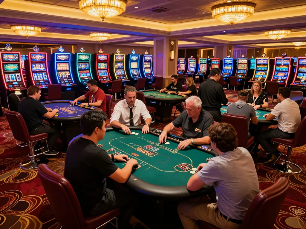 Players enjoying a thrilling game at the nhà cái Net88 casino floor, featuring professional dealers and vibrant gaming atmosphere.