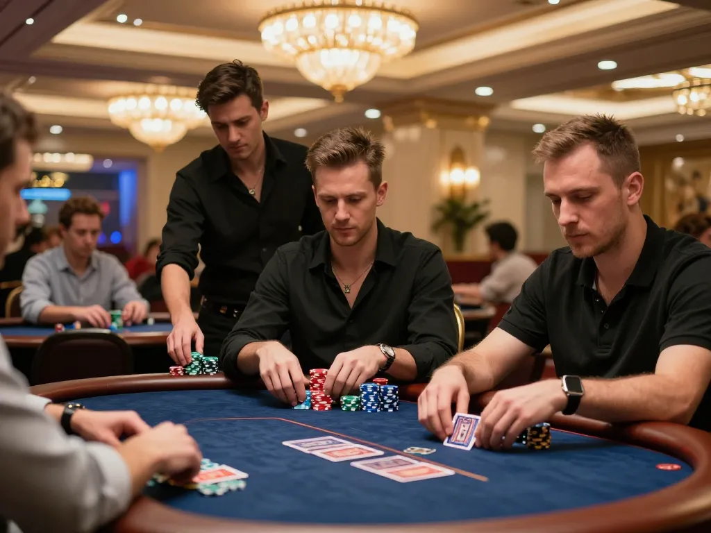 Players engaged in a strategic poker game at https://dabet39.net/, highlighting high-quality chips and elegant decor.