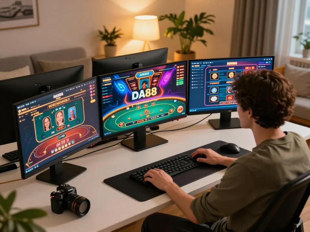 Engaging in online casino gaming with DA88 logo on screen, showcasing modern home setup for responsible entertainment.