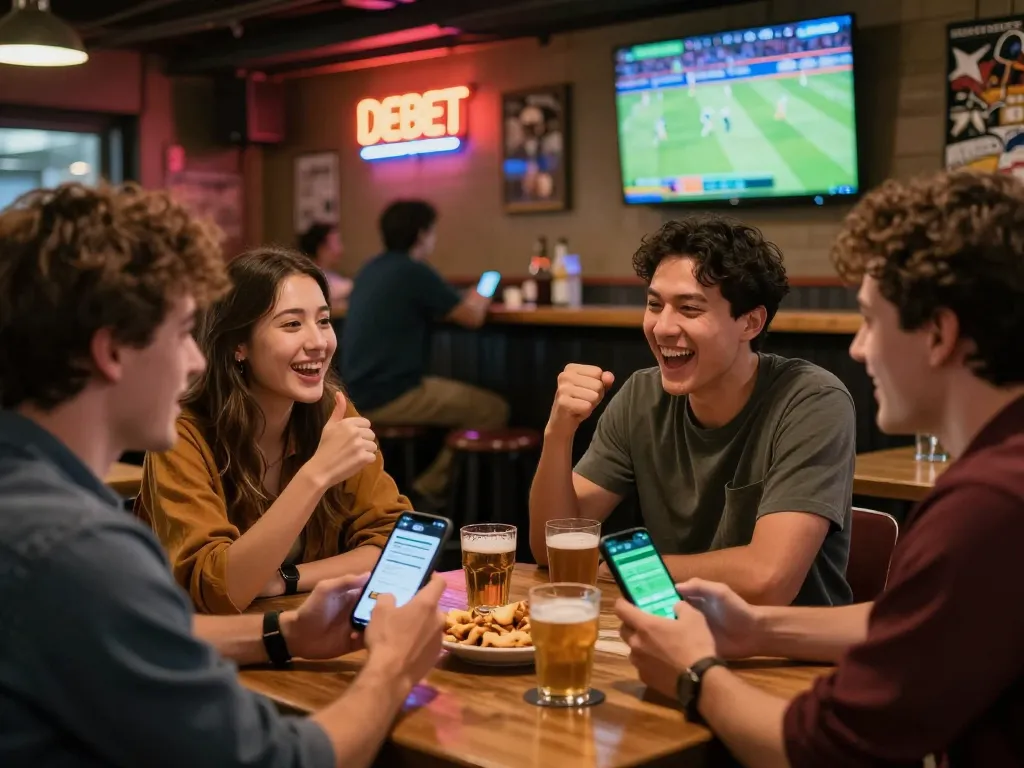 Friends celebrating a win while using the DEBET betting app at a sports bar.