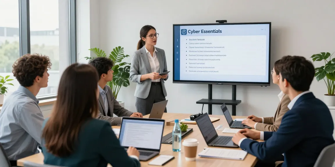 Cyber Essentials requirements and certification process discussion in a modern office.