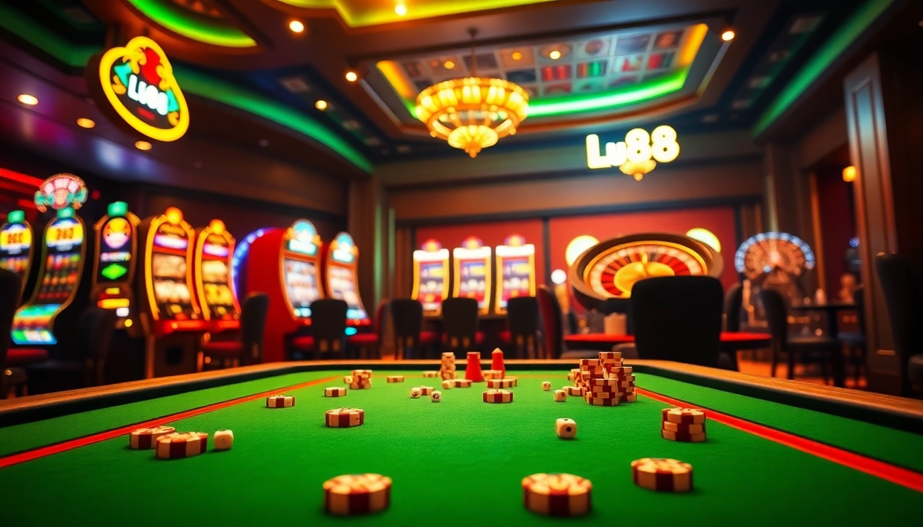 Engage in a thrilling gambling experience at lu88’s luxurious casino tables filled with vibrant poker chips and dice.
