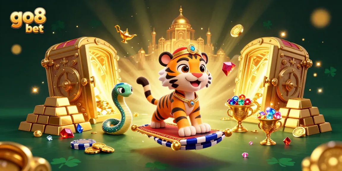 Experience the excitement of go8 bet with this vibrant 3D casino illustration full of treasures and gold.
