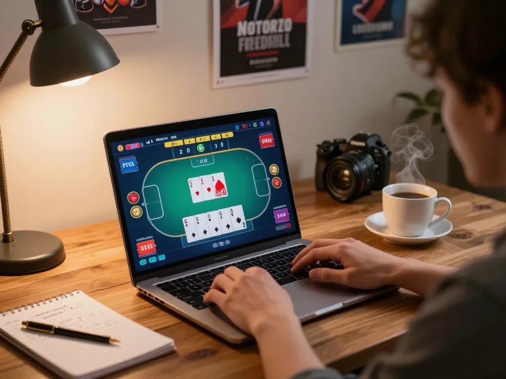 rokok88 user strategizing online poker gameplay with detailed betting screen and cozy setup
