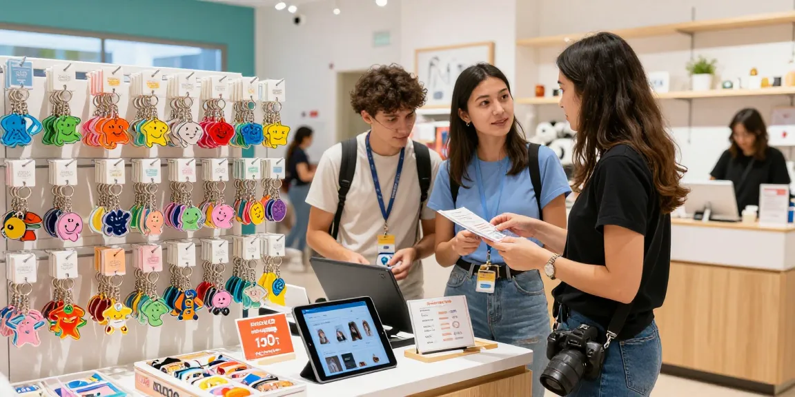 Engaging retail scene with diverse custom keychains on display for shoppers seeking personalized options.