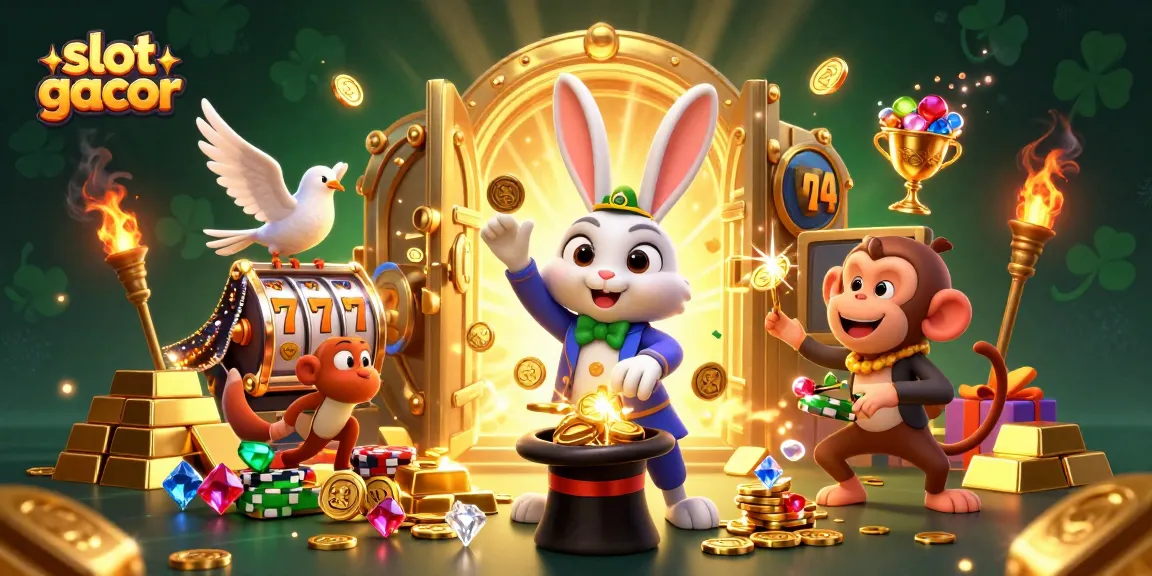 Judul "slot gacor" dengan kelinci pesulap menarik koin emas dan karakter kasino yang menawan.
