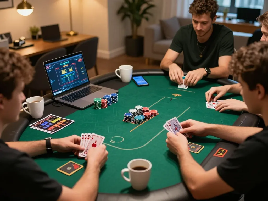 Engaging players in online poker using lode88 for strategic gameplay with modern decor and warm lighting.