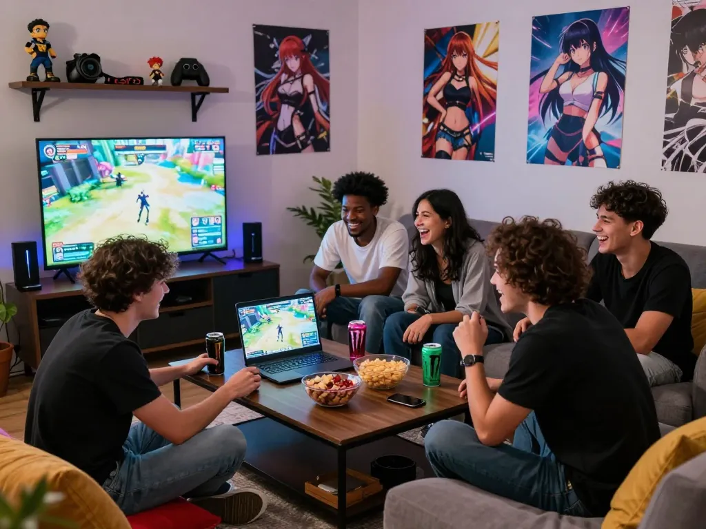 Friends enjoying hentai games together in a cozy living room setting, showcasing anime decor and snacks.