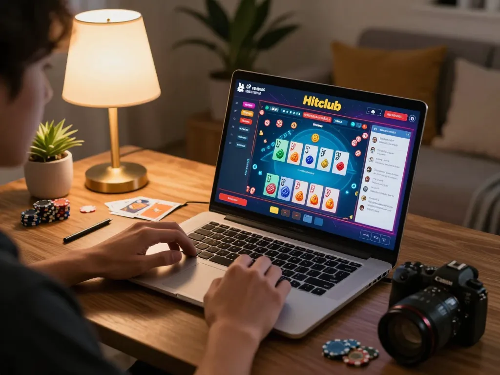 Cổng game Hitclub interface displayed on a laptop, showcasing strategic gameplay in an engaging home setup.