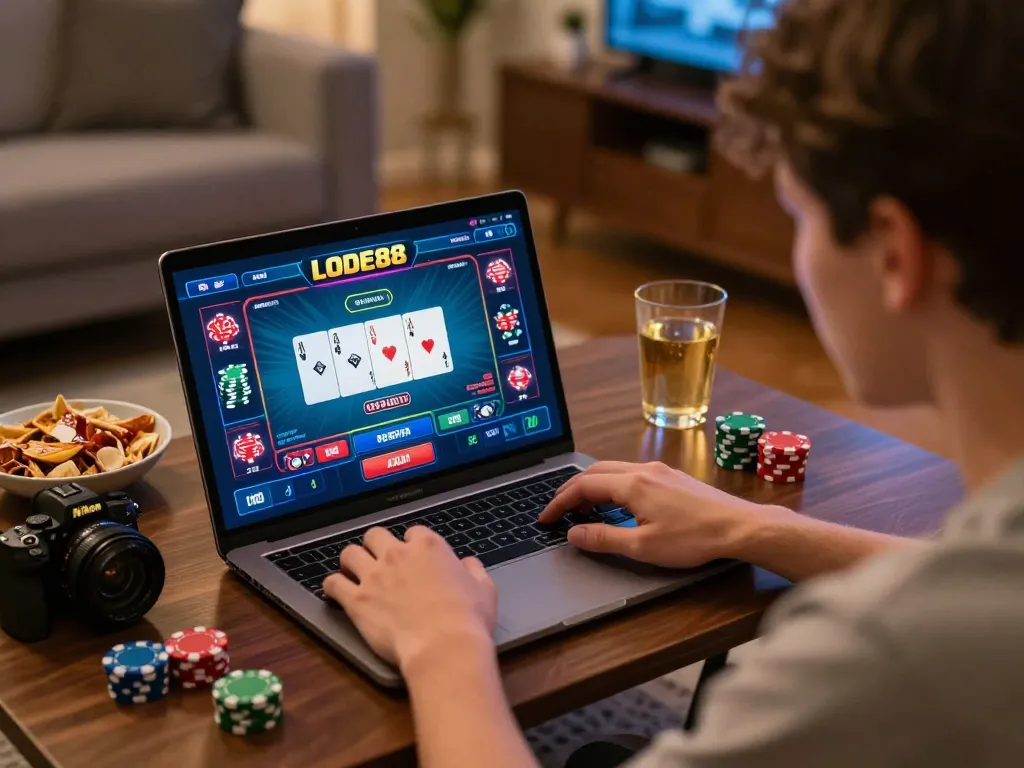 LODE88 poker game session showcasing engagement and strategy at home.