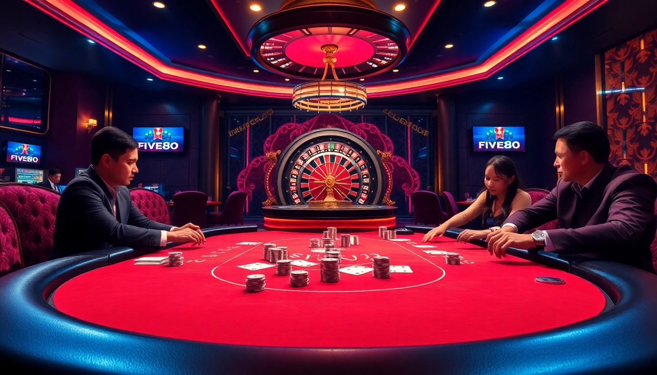 Experience the thrill of FIVE88 as players enjoy an elite poker game at luxurious casino tables.