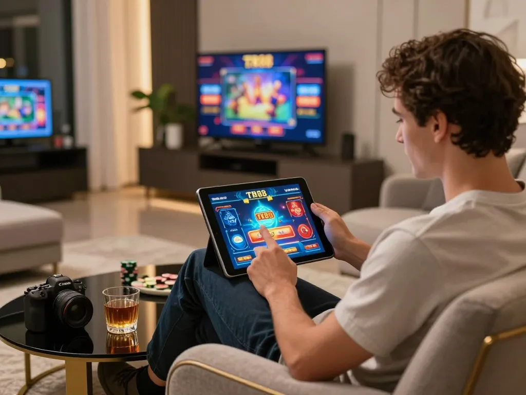 Engaging moment of online gambling as player uses TR88 đăng nhập on tablet in a stylish home setting.